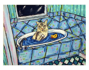 cat art - Somali Taking a Bath Cat Art Print, cat gifts, gift