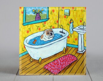 Bulldog taking a bath dog art tile coaster gift - multiple sizes available
