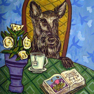 scottish terrier at the coffee shop dog art canvas print - ready to hang - multple sizes