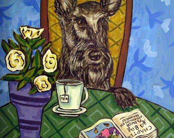 scottish terrier at the coffee shop dog art canvas print - ready to hang - multple sizes