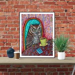 owl at the Coffe Shop art print on ready to hang gallery wrapped canvas - multiple size home cafe decor