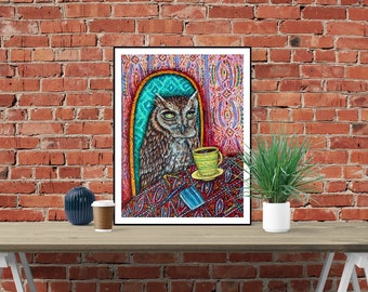 owl at the Coffe Shop art print on matte or glossy paper - multiple size home cafe decor