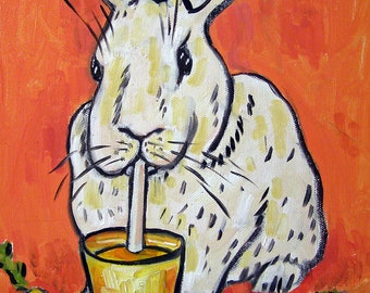 Bunny rabbit drinking carrot juice animal art print on stretched canvas