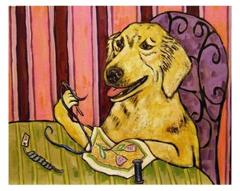 Golden Retreiver Doing Needlepoint Dog Art Print