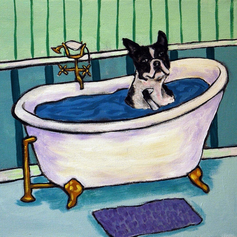 Boston Terrier Taking a Bath Dog Art Tile Coaster Gift Etsy