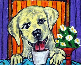 Yellow lab, labrador retriever, coffee dog art canvas print - ready to hang coffee decor by schmetzpetz