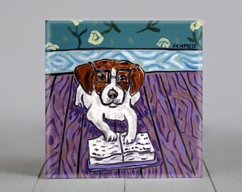 jack russell terrier reading tile coaster gift animal dog decor pet