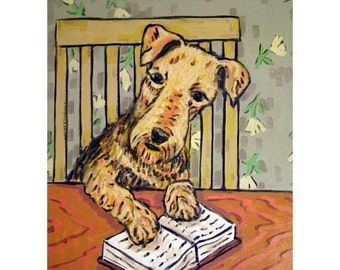 Airedale Terrier Reading a Book Dog Art Print  JSCHMETZ modern abstract folk pop art AMERICAN ART gift