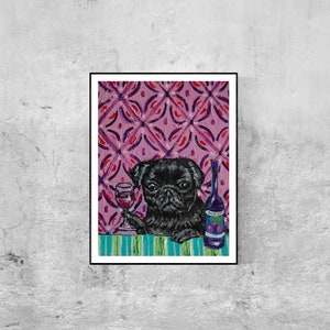 Black Pug art wine canvas print gift modern Giclee- ready to hang by Jay Schmetz