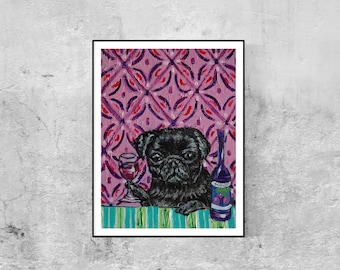 Black Pug art wine canvas print gift modern Giclee- ready to hang by Jay Schmetz