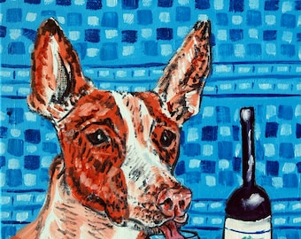 ibizan hound at the wine bar dog art PRINT poster gift modern folk pop art