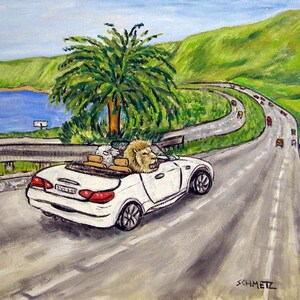 LION ,lamb, driving, modern folk art. lion print, lamb print on tile, animal tile, coaster gift modern folk art