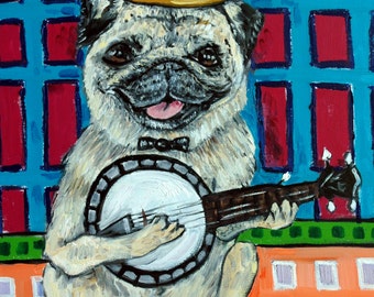 pug art - FAWN pug dog art PRINT poster gift modern folk JSCHMETZ  banjo - pug gifts