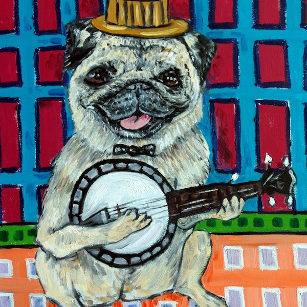 pug art - FAWN pug dog art PRINT poster gift modern folk JSCHMETZ 13x19 banjo - pug gifts