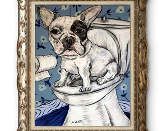 May include: A framed painting featuring a white and black French Bulldog sitting on a white toilet against a blue floral wallpaper background. A roll of toilet paper is visible on the left side. The artist signature SCHMETZ is visible at the bottom.