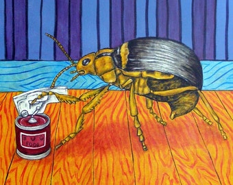 Beetle Opening a Can (Can Opener) Insect Art coaster tile