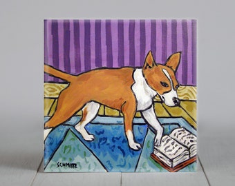 Portuguese Podengo at the library dog art artwork decor art tile coaster gift