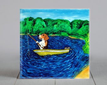 beagle - fishing - dog art - coaster tile - animal decor - home gifts