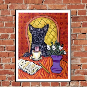 scottish terrier at the coffee shop dog art print on matte or glossy paper - modern home decor