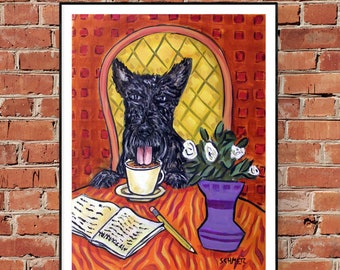 scottish terrier at the coffee shop dog art print on ready to hang canvas p - modern home decor