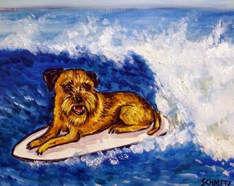 Border Terrier Surfing Dog art tile coaster