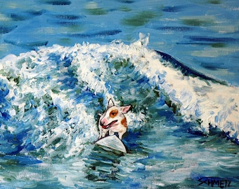 Bull Terrier Surfing Dog Art Print
