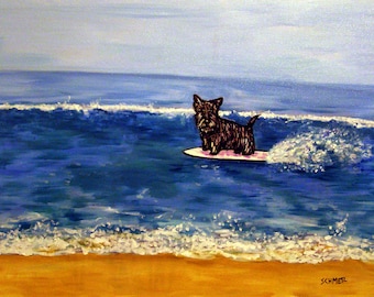 scottish terrier surfing at the beach dog art print on ready to hang canvas print- archival home decor