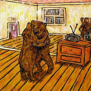 May include: Two brown bears are hugging in a room with a wooden floor, a window, and a dresser with two drawers. There is a radio on the dresser. The bears are dancing.