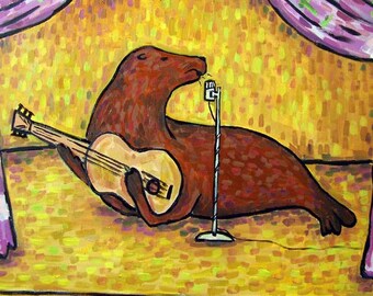 sea lion playing guitar - animall lover gift - tile coaster - gift