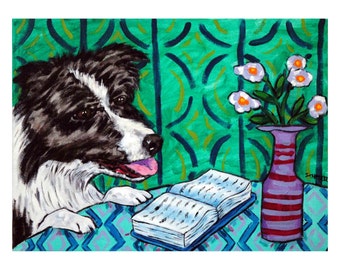 Border Collie Reading a Book Dog Art Print  JSCHMETZ modern abstract folk pop art AMERICAN ART gift