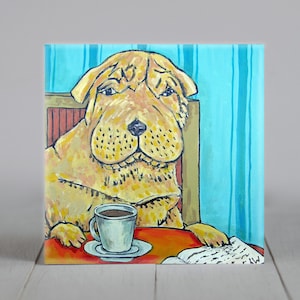 shar pei at the coffee shop dog art tile coaster gift