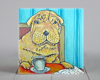 shar pei at the coffee shop dog art tile coaster gift