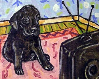 Baby Labrador Retriever Watching TV Dog art tile coaster