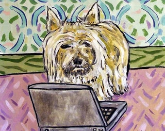 Cairn terrier dog art coaster tile gift - working on a computer - multiple sizes