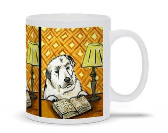great pyrenees reading dog art artwork mug - 11 oz or 15 oz - dog lover gift