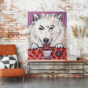 Samoyed brushing his teeth dog ar tprint - stretched canvas or paper print - multipe sizes