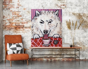 Samoyed brushing his teeth dog ar tprint - stretched canvas or paper print - multipe sizes