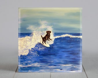 BLack Lab Labrador Retriever Surfing Dog Art coaster tile Gift