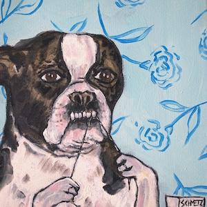 Boston terrier canvas, dog wall art, animal decor, dog art, dog lover, dog dental, flossing, bathroom decor, dentist office, veterinary art