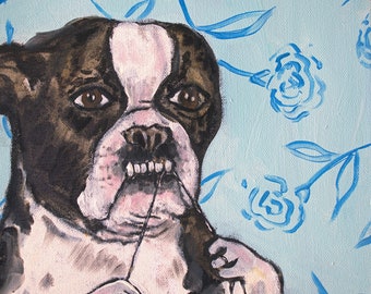 Boston terrier canvas, dog wall art, animal decor, dog art, dog lover, dog dental, flossing, bathroom decor, dentist office, veterinary art