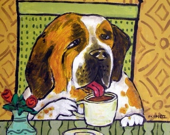 St. Bernard at the Coffee Shop Dog Art coaster tile JSCHMETZ gift