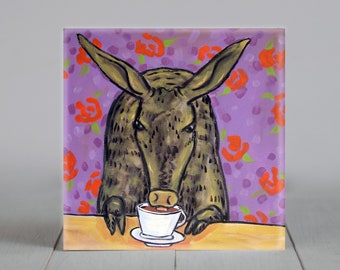 Aardvark at the Coffee Shop Ceramic Coaster Tiles - Home Decor and Gift Item