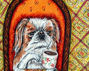 japanese chin dog art PRINT 13x19 - coffee artwork decor