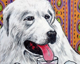 great pyrenees dog at the wine bar dog art on ready to hang canvas print- multple sizes