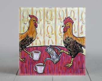 chicken art tile coaster gift coffee animal decor gifts