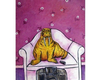 Walrus Watching Television Art Print  JSCHMETZ modern abstract folk pop art american ART gift