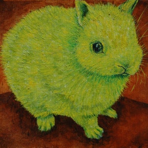 May include: A green fluffy rabbit with black eyes is painted on a brown background. The rabbit is facing the right side of the image. The rabbit's fur is painted with a textured brushstroke.