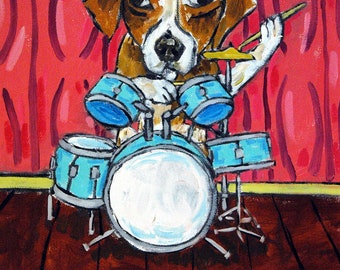 beagle dog art print - drummer music decor - stretched canvas or paper print - birthday gift for drummer or dog lover