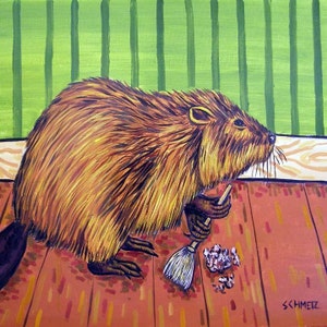 May include: A painting of a brown beaver holding a small broom, sweeping up debris on a reddish-brown wooden floor. The background features a green wall with vertical stripes. The artwork is signed "SCHMETZ".
