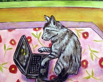 Grey cat working on a laptop art animal decor coaster tile - multiple sizes